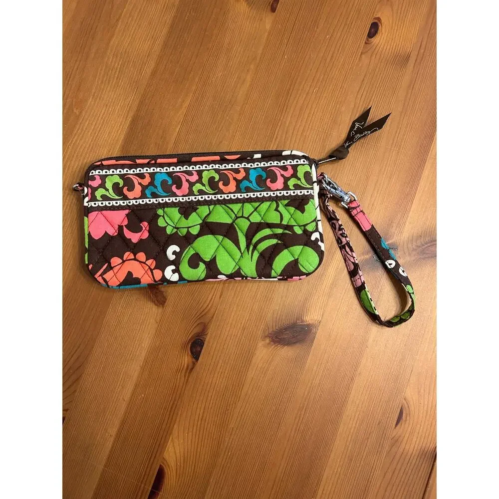 Vera Bradley Quilted Small Wallet Wristlet Bag Lola Zip Around Brown Green Pink